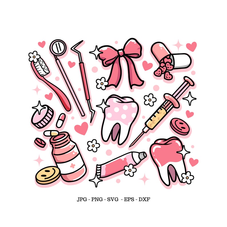 Op de afbeelding: Een roze en witte illustratie van tandheelkundige verzorgingsproducten, waaronder een tandenborstel, tandpasta, floss, een spiegel, een spuit en twee tanden. De illustratie is omringd door harten, bloemen en sterren.