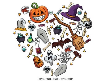 May include: A heart-shaped arrangement of Halloween-themed illustrations, including a pumpkin, a witch's hat, a broom, a ghost, a coffin, a spider web, and a skull. The illustrations are in a cartoon style and are surrounded by stars and candy.