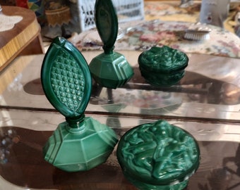 Vintage Czech malachite perfume bottle and art deco trinket box attributed to Hoffmann