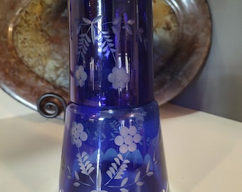 Vintage cobalt blue cut glass bedside tumble up carafe and glass