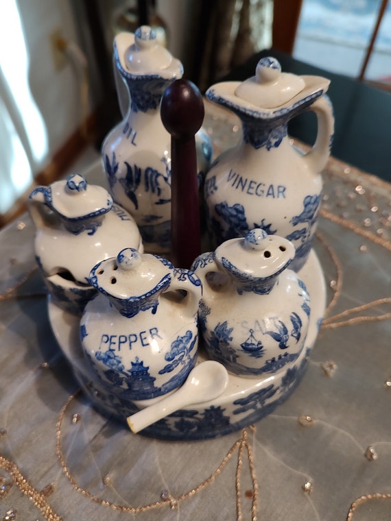 Vintage Blue Willow Complete Condiment Set 