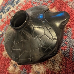 Vintage hand coiled, burnished turtle effigy signed Paty Quezada