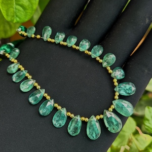 Könnte beinhalten: Eine Halskette mit tropfenförmigen, facettierten smaragdgrünen Edelsteinen, die auf einer goldfarbenen Kette aufgereiht sind. Die Halskette wird vor einem schwarzen Hintergrund mit grünem Laub gezeigt.