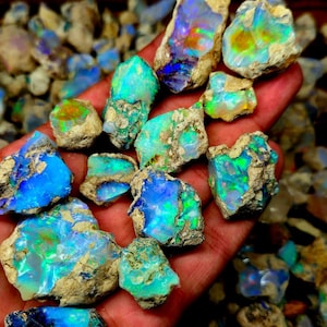 Könnte beinhalten: Eine Hand hält eine Sammlung roher Opalsteine. Die Opale zeigen lebendige Farben, darunter Blau-, Grün- und Orangetöne sowie Gelbblitze. Die Steine haben eine raue, natürliche Textur mit einer Mischung aus Erdtönen und schillernden Oberflächen.