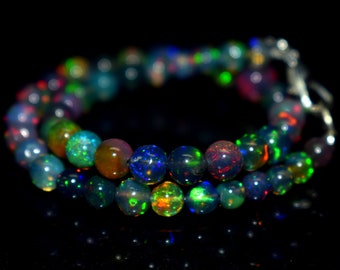 Pulsera de cuentas de ópalo negro: longitud ajustable, piedra preciosa iridiscente