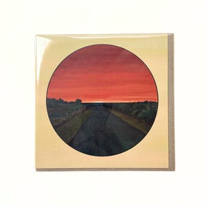 Wenskaart Road to the Sea – Illustratie kustlandschap zonsondergang – Op de natuur geïnspireerde kunst – Milieuvriendelijk – Kraft-envelop – Gedrukt in het Verenigd Koninkrijk