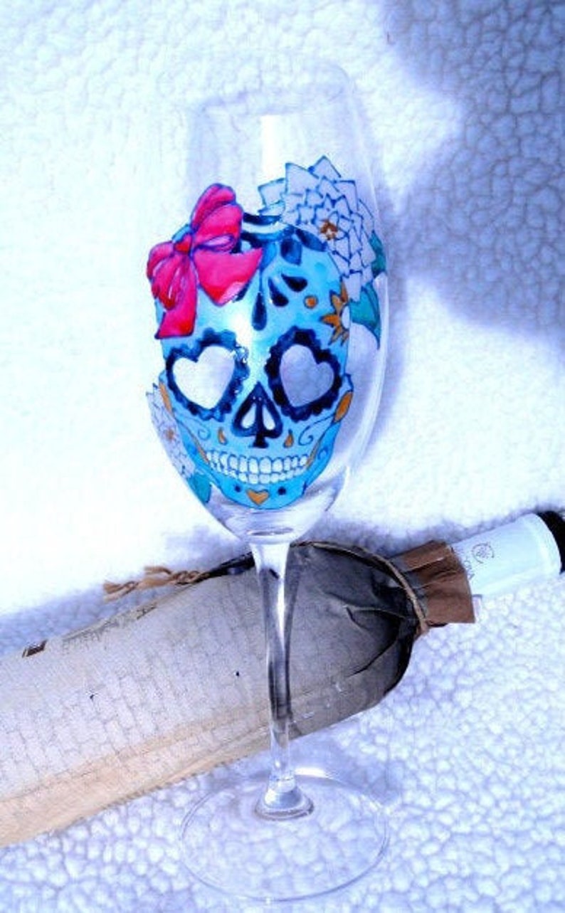 Sugar skull girl wine glass Hand painted Large 22 oz Creepy gift For him For her Handpainted Personalized Funny gift
