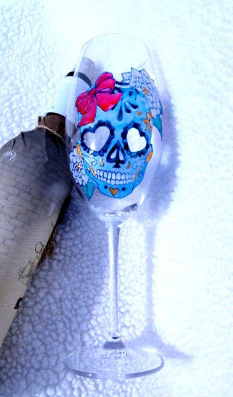 Sugar skull girl wine glass Hand painted Large 22 oz Creepy gift For him For her Handpainted Personalized Funny gift
