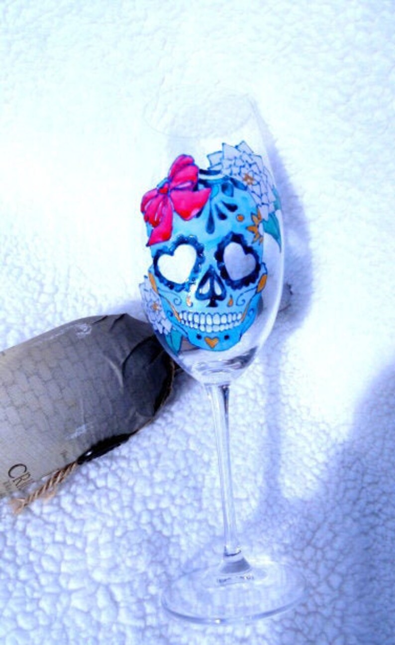 Sugar skull girl wine glass Hand painted Large 22 oz Creepy gift For him For her Handpainted Personalized Funny gift