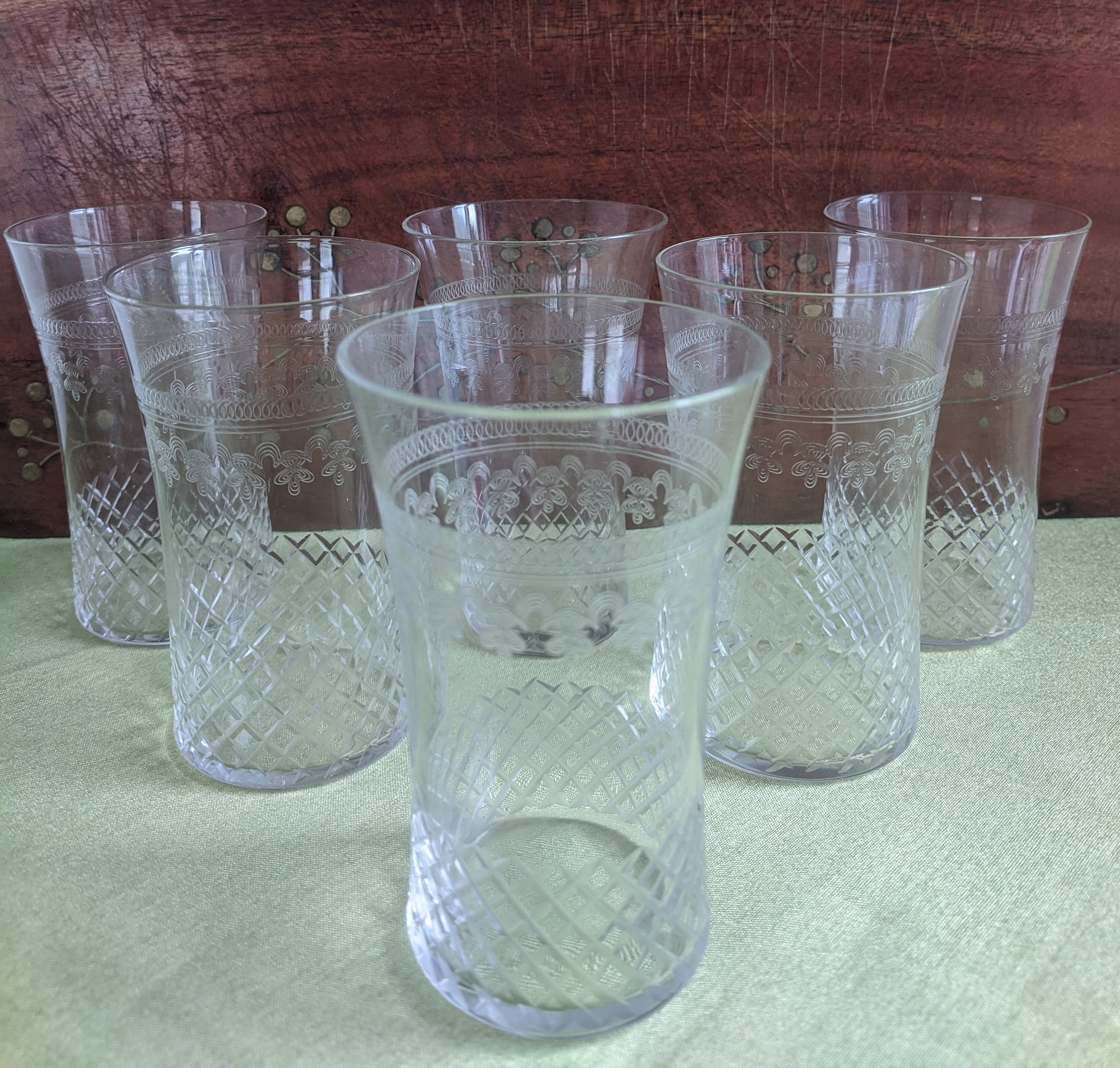 fine cut glass engraved Set of six half pint Edwardian water glasses