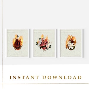 Arte cattolica stampabile con tre cuori, download immediato