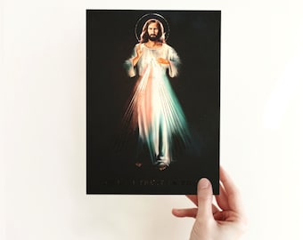 Divine Mercy Gold Foil Prayer Print with Chaplet | Prayer Card | Catholic Art