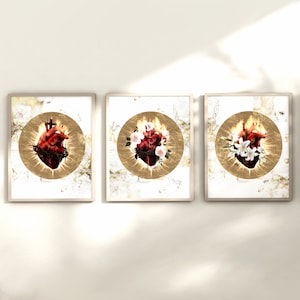 Stampe d&#39;arte cattolica &quot;Tre cuori&quot; (Trio), Set d&#39;arte &quot;Tre cuori&quot;, Set di stampe &quot;Tre cuori&quot;, Sacro, Immacolato, Cuore casto