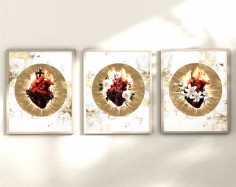 Three Hearts Catholic Art Prints (Trio), Three Hearts Art Set, Three Hearts Print Set, Sacred, Immaculate, Chaste Heart