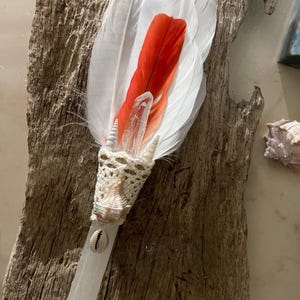 SELENITE  feather  smudging  fan /  protection/  Altar/ shamanic wand  / water witch/new home gift / energy clearing