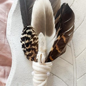 Ritual Smudge Fan | Driftwood, Condor, Owl andEagle Feathers | Clear Quartz & Algarve Shells | Water Elemental Fan | Undine Energy Conjured