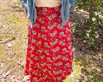 Cute Retro 60s Pleated Skirt Pink Blue Green Floral Pattern Vintage Botanical Skirt with Pockets