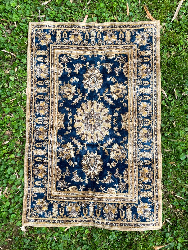 Vintage 3x4 Rug // Navy and Gold Rug // Jewel toned Entryway Etsy