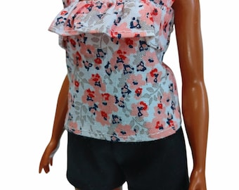 Handmade Floral Ruffle Top & Shorts Mix-and-Match Set for Curvy Dolls 11.5-inch Fashion Dolls