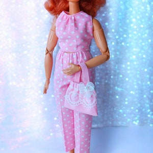 Top, pants, handbag and shoes for curvy doll  11 inch 30cm dolls Pink Polka Dot