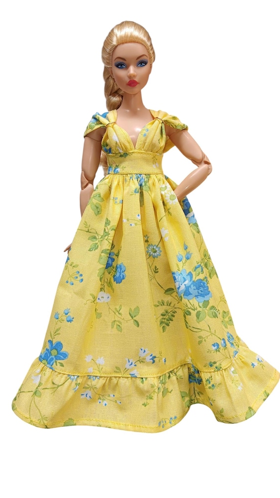 Dolls Basics Sunny Blossom Elegance Handmade Yellow Floral Doll Dress for Curvy Dolls