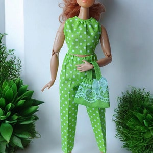 Top, pants and handbag for curvy doll  11 inch 30cm dolls green Polka Dot