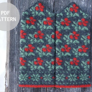 Könnte beinhalten: Ein Paar gestrickte Fäustlinge mit einem Blumenmuster in Rot, Grün und Grau. Die Fäustlinge haben einen roten Rand.
