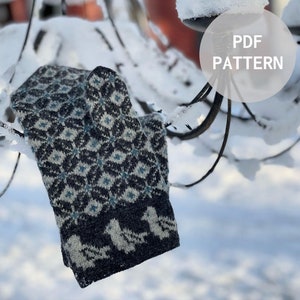 Op de afbeelding: Een gebreide want met een geometrisch patroon in tinten blauw, wit en grijs. De want hangt aan een tak die bedekt is met sneeuw. De tekst "PDF PATTERN" is zichtbaar in de afbeelding.