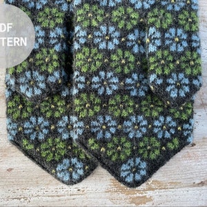 Latvian traditional mittens knitting pattern PDF, Midnight meadow mittens