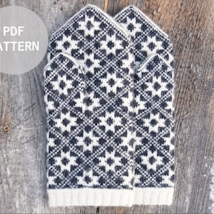 May include: A pair of black and white knitted mittens with a geometric pattern. The mittens are on a wooden surface. PDF PATTERN.