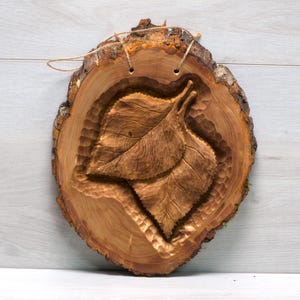 Hand Carved Birch Leaf On Live Edge Wood: Rustic Woodland Decor