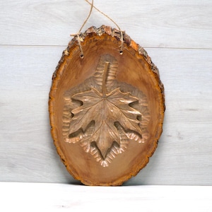 Hand Carved Maple Leaf On Live Edge Wood: Rustic Cabin Decor