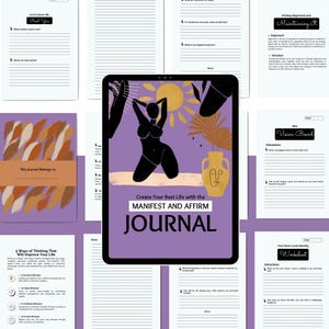 Puede incluir: Un diario digital con una portada morada que presenta una silueta negra de una mujer, un sol y un jarr&oacute;n. Se muestra el texto "Create Your Best Life with the MANIFEST AND AFFIRM JOURNAL". Las p&aacute;ginas circundantes incluyen indicaciones de diario.