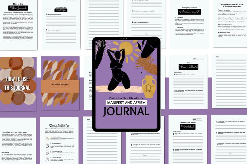 Puede incluir: Un diario digital con una portada morada que presenta una silueta negra de una mujer, un sol y un jarr&oacute;n. Se muestra el texto "Create Your Best Life with the MANIFEST AND AFFIRM JOURNAL". Las p&aacute;ginas circundantes incluyen indicaciones de diario.