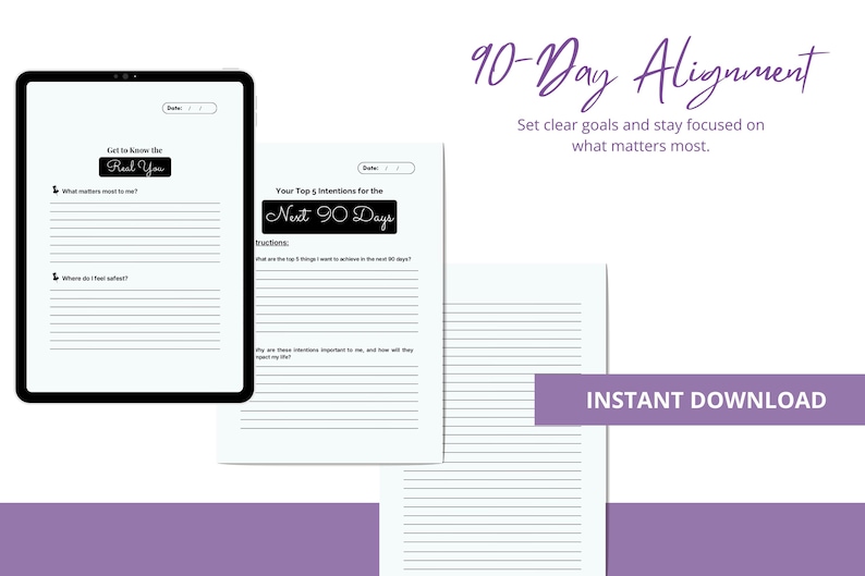 Puede incluir: Un planificador digital con el texto "90-Day Alignment" y "Instant Download". El planificador incluye indicaciones para establecer metas e intenciones. Una tableta muestra una p&aacute;gina con el texto "Get to Know the Real You."