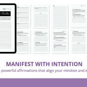 Puede incluir: Una tableta digital que muestra una p&aacute;gina con l&iacute;neas con las palabras "Affirmation Builder" y el texto "Crea afirmaciones poderosas para aumentar tu confianza, alinear tu mentalidad y manifestar tus deseos". Tambi&eacute;n se muestran varias p&aacute;ginas con l&iacute;neas. El texto "Manifiesta con intenci&oacute;n" se muestra debajo.