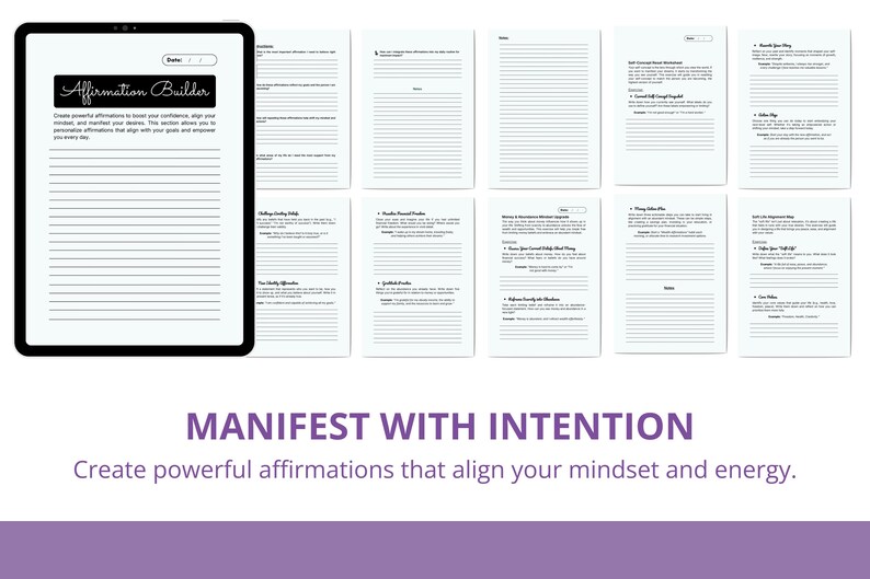 Puede incluir: Una tableta digital que muestra una p&aacute;gina con l&iacute;neas con las palabras "Affirmation Builder" y el texto "Crea afirmaciones poderosas para aumentar tu confianza, alinear tu mentalidad y manifestar tus deseos". Tambi&eacute;n se muestran varias p&aacute;ginas con l&iacute;neas. El texto "Manifiesta con intenci&oacute;n" se muestra debajo.