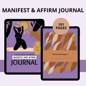 Puede incluir: Dos diarios digitales. Uno presenta una silueta negra, un sol y un jarr&oacute;n, con el texto "MANIFEST & AFFIRM JOURNAL". El otro tiene pinceladas y el texto "191 PAGES".