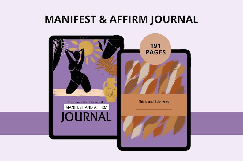 Puede incluir: Dos diarios digitales. Uno presenta una silueta negra, un sol y un jarr&oacute;n, con el texto "MANIFEST & AFFIRM JOURNAL". El otro tiene pinceladas y el texto "191 PAGES".