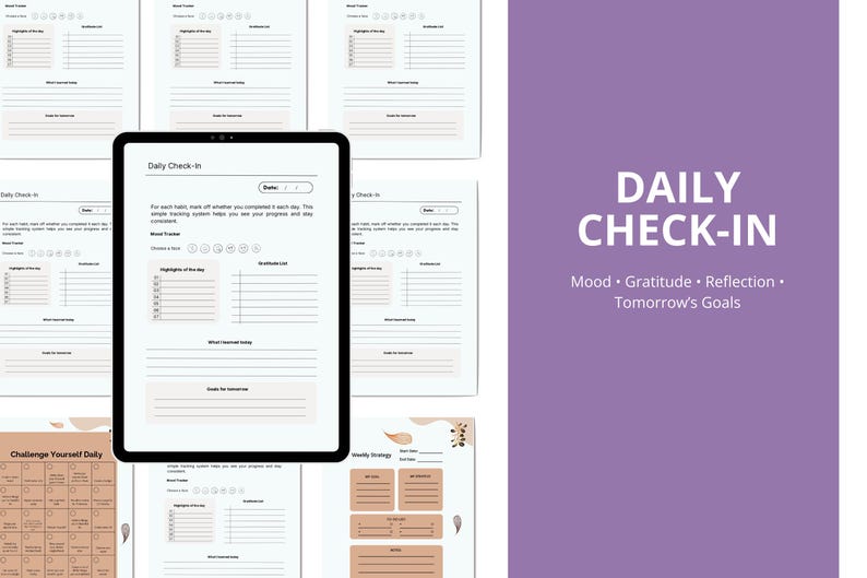 Puede incluir: Una tableta digital que muestra una plantilla de "Daily Check-In", rodeada de p&aacute;ginas impresas similares. La plantilla incluye secciones para el seguimiento del estado de &aacute;nimo, la gratitud y los objetivos. El lado derecho presenta el texto "DAILY CHECK-IN" y "Mood &bull; Gratitude &bull; Reflection &bull; Tomorrow's Goals".