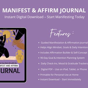 Puede incluir: Descarga digital de un "Manifest & Affirm Journal" en una tableta, con una silueta negra de mujer, sol y jarr&oacute;n en la portada. El diario incluye un sistema de objetivos de 90 d&iacute;as y controles diarios.