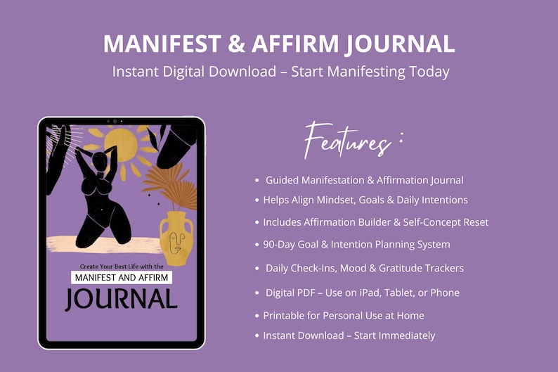 Puede incluir: Descarga digital de un "Manifest & Affirm Journal" en una tableta, con una silueta negra de mujer, sol y jarr&oacute;n en la portada. El diario incluye un sistema de objetivos de 90 d&iacute;as y controles diarios.