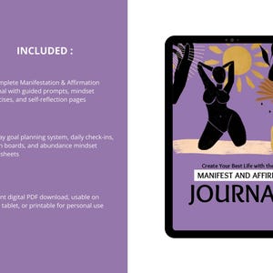 Puede incluir: Diario digital en una tableta con fondo morado. La portada del diario presenta una silueta negra de una persona, un sol y el texto "MANIFEST AND AFFIRM JOURNAL". Incluye indicaciones guiadas y planificaci&oacute;n de objetivos.