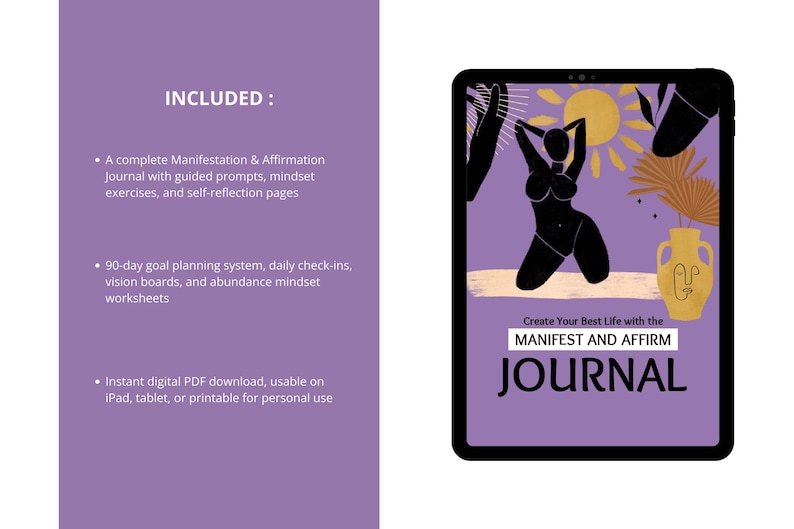 Puede incluir: Diario digital en una tableta con fondo morado. La portada del diario presenta una silueta negra de una persona, un sol y el texto "MANIFEST AND AFFIRM JOURNAL". Incluye indicaciones guiadas y planificaci&oacute;n de objetivos.