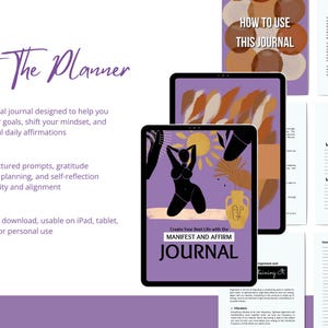 Puede incluir: Diario digital con el texto "Create Your Best Life with the Manifest and Affirm Journal" en la pantalla de una tableta. La imagen incluye un sol, una silueta de mujer y un jarr&oacute;n. P&aacute;ginas adicionales muestran indicaciones y afirmaciones.
