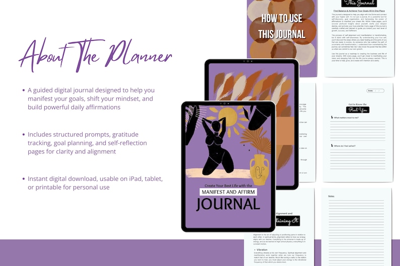 Puede incluir: Diario digital con el texto "Create Your Best Life with the Manifest and Affirm Journal" en la pantalla de una tableta. La imagen incluye un sol, una silueta de mujer y un jarr&oacute;n. P&aacute;ginas adicionales muestran indicaciones y afirmaciones.