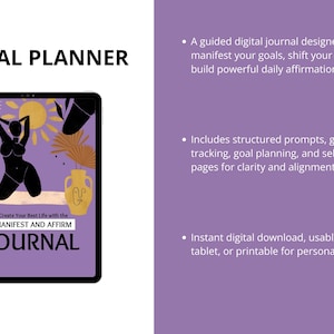 Puede incluir: Planificador digital con fondo morado. La tableta muestra una portada de diario con una silueta negra de una persona, sol y jarr&oacute;n. El texto de la portada dice "MANIFEST AND AFFIRM JOURNAL". El texto de la derecha describe las caracter&iacute;sticas del diario.