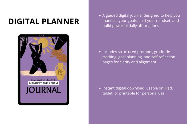 Puede incluir: Planificador digital con fondo morado. La tableta muestra una portada de diario con una silueta negra de una persona, sol y jarr&oacute;n. El texto de la portada dice "MANIFEST AND AFFIRM JOURNAL". El texto de la derecha describe las caracter&iacute;sticas del diario.