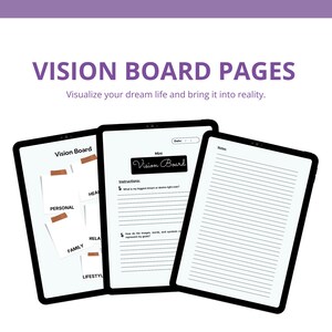 Puede incluir: Tres tabletas digitales con bordes negros se muestran sobre un fondo blanco. Las tabletas presentan el texto "Vision Board Pages" y "Vision Board", junto con p&aacute;ginas rayadas y notas adhesivas. La imagen tambi&eacute;n incluye el texto "Visualiza la vida de tus sue&ntilde;os y hazla realidad."