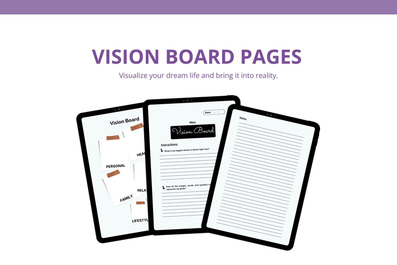Puede incluir: Tres tabletas digitales con bordes negros se muestran sobre un fondo blanco. Las tabletas presentan el texto "Vision Board Pages" y "Vision Board", junto con p&aacute;ginas rayadas y notas adhesivas. La imagen tambi&eacute;n incluye el texto "Visualiza la vida de tus sue&ntilde;os y hazla realidad."